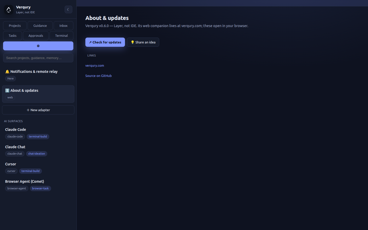 Verqury settings — AI surface adapters and the web companion